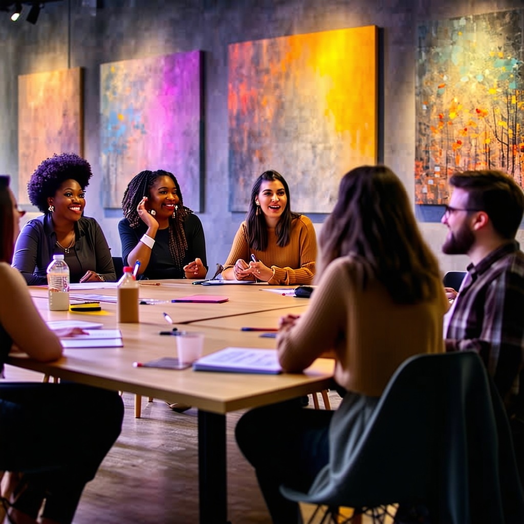 A diverse group of adults engaged in a powerful roundtable discussion inside a creative modern urban space with colorful artwork and warm lighting Some individuals are listening attentively others speaking passionately or taking notes The environment-2