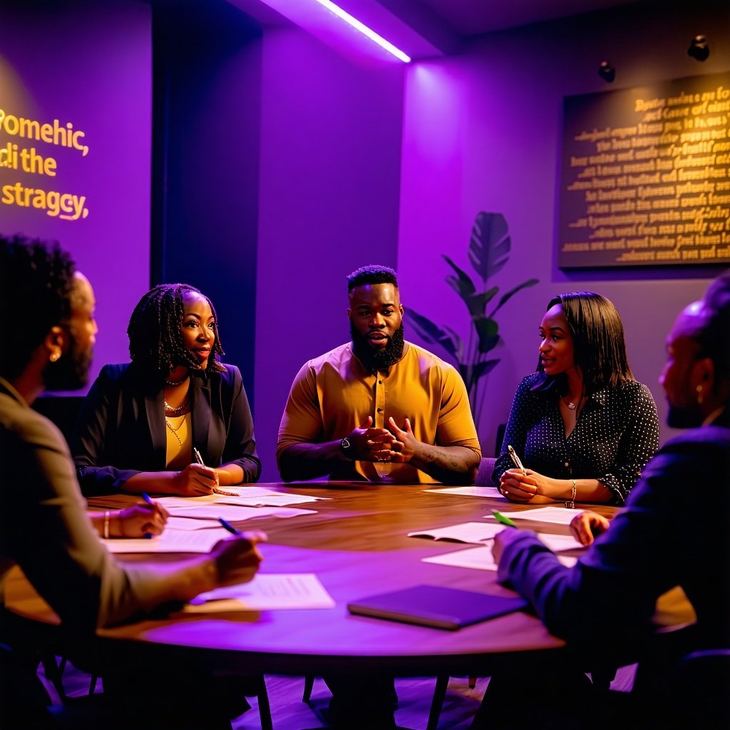 A diverse group of prophetic voices gathered around a modern round table middiscussion in a room is slightly tinted in deep purple and gold lighting One Man speaks with boldness while standing up others engagesome praying some writing others listenin-3