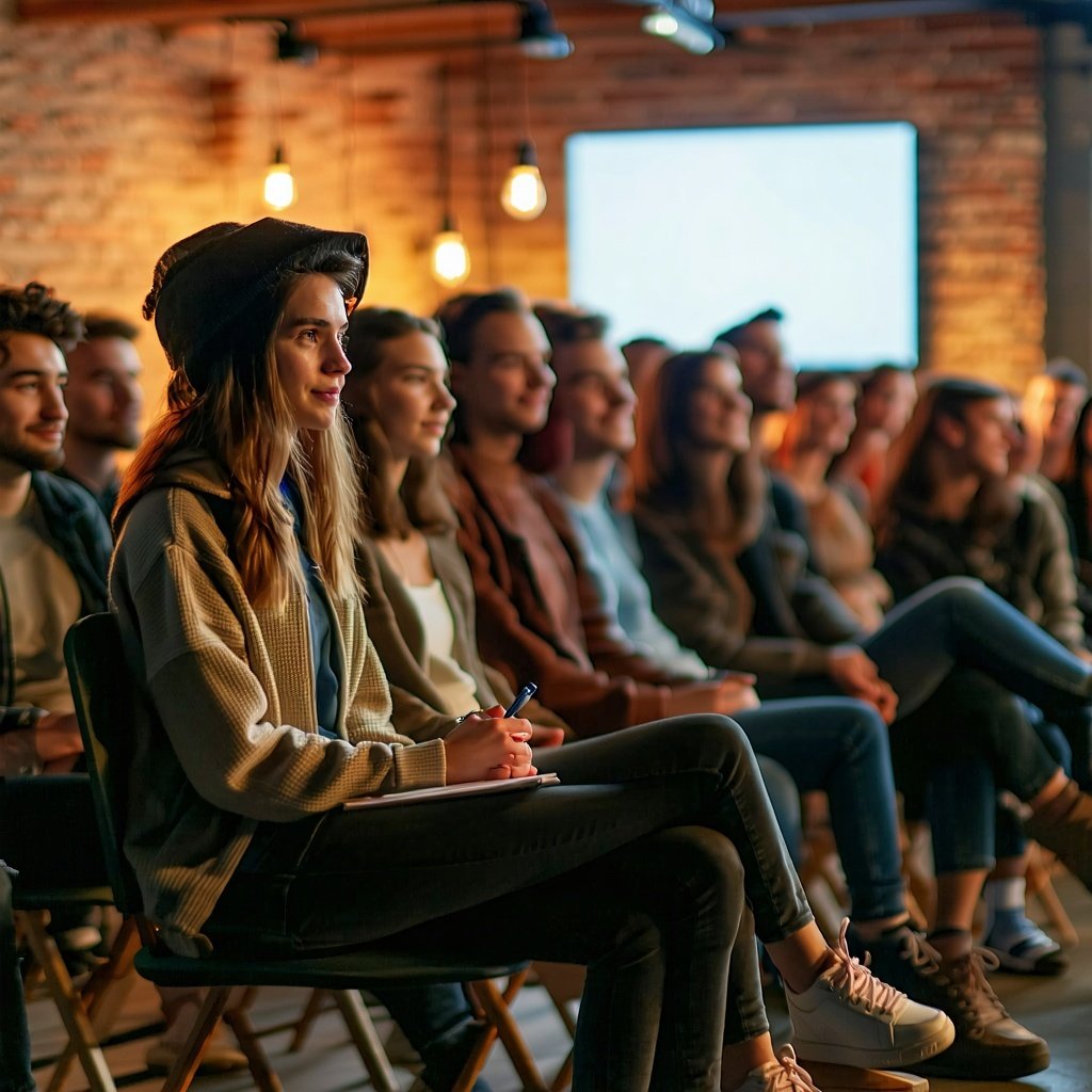 A diverse group of young adults 20s to 40s seated in a warm modern softly lit event space with exposed brick and natural light attentively listening to a speaker offframe The mood is thoughtful and inspired with a creative missiondriven atmosphere No-1
