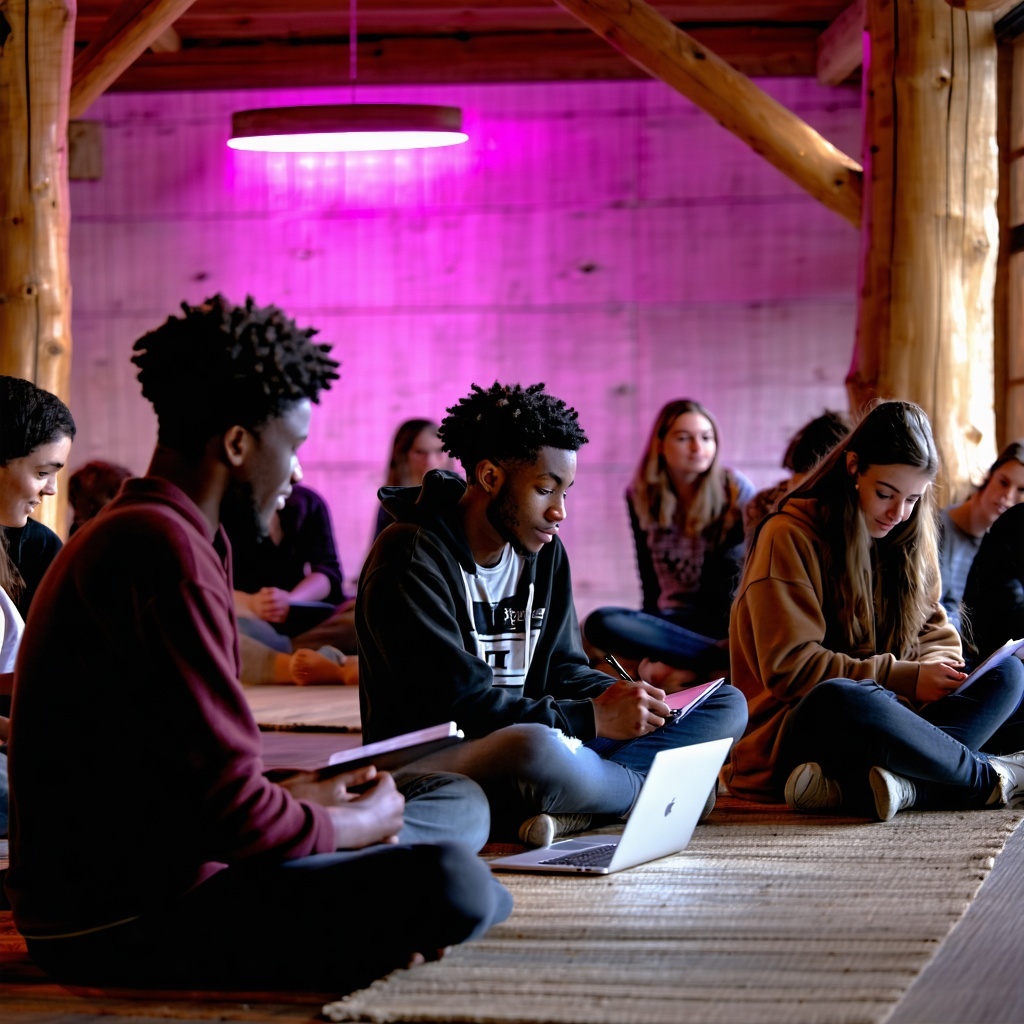A diverse group of young adults men and female seated in a rustic thoughtfully designed room with wood beams natural textures and warm lighting Theyre engaged in quiet reflection or journaling some using laptops or notebooks The space feels sacred ye