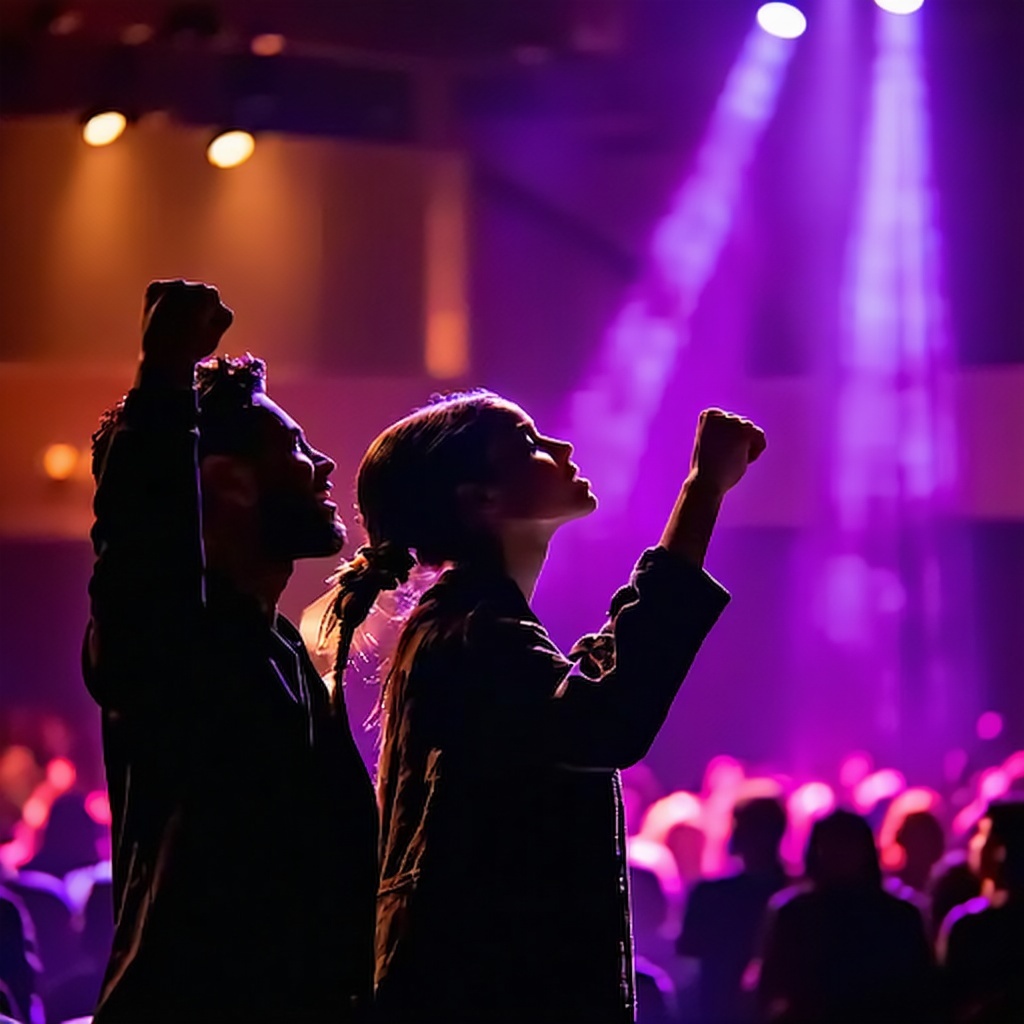 A man and woman in a worship setting standing close together in a room filled with warm lighting The man has his fist raised in bold expression the woman has her hand mid air with eyes closed in reverence Both are immersed in worship surrounded by a