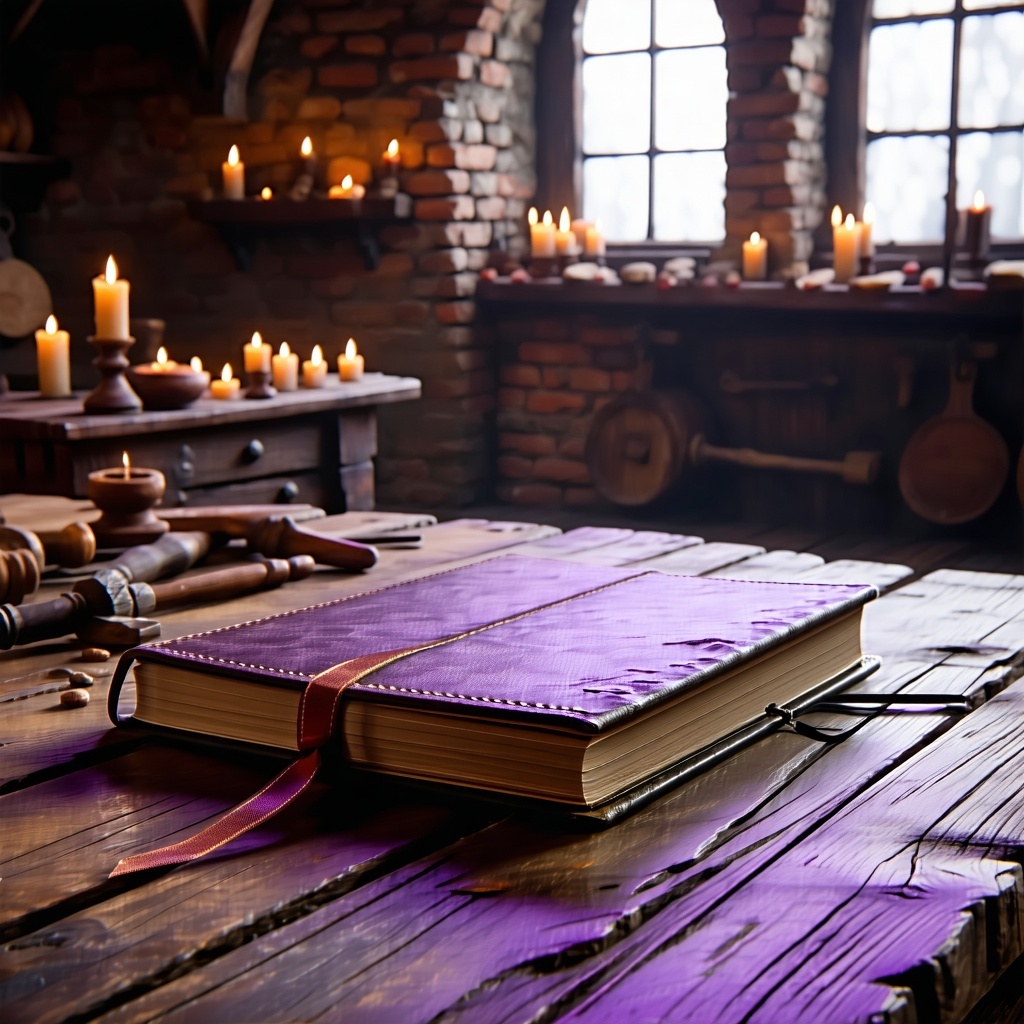 Generate a cinematic image of a closed workbook resting on a heavy wooden table inside a rustic brick building that feels like a forge or creative sanctuary The workbook should look textured and worn as if used in deep reflectionpossibly with a leath-1